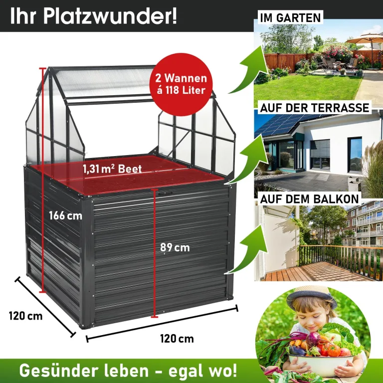 BRAST 2in1 Hochbeet mit Alu Gewächshaus-Aufsatz | Integriertes Drainage-System | 2 Größen zur Auswahl | wetterfest | 4mm Hohlkammerplatten | 2 Pflanzwannen | Pflanzbeet | 120x120x166cm – Bild 5
