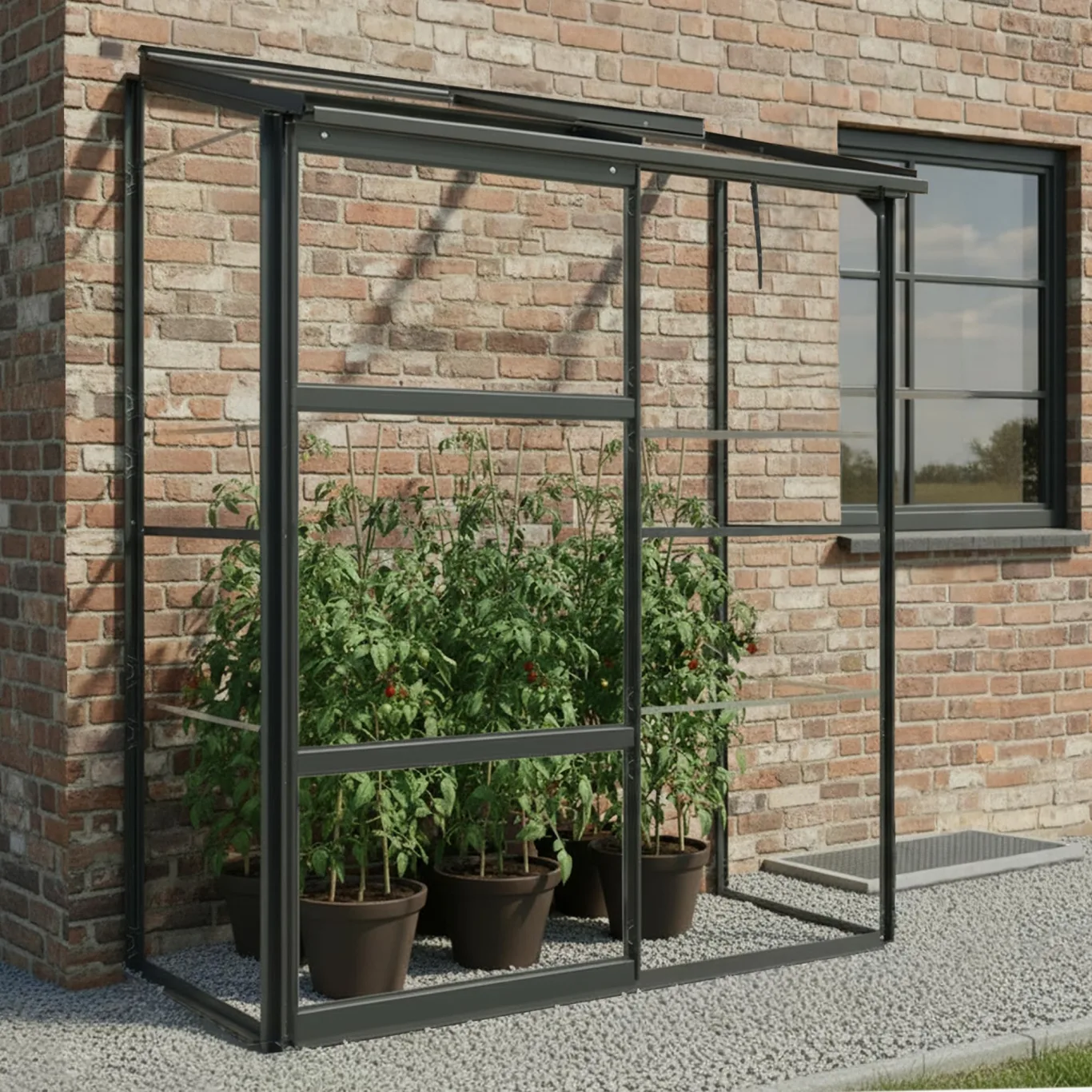 Gewächshaus Glas 0,9 m² Aluminium Rahmen mit Schiebetür | Premium Wand-Gewächshaus schwarz Temperaturkontrolle Aufstellfenster | Tomaten- und Anzuchtgewächshaus 130 x 68 x 173 cm (B x T x H) - Bild 1