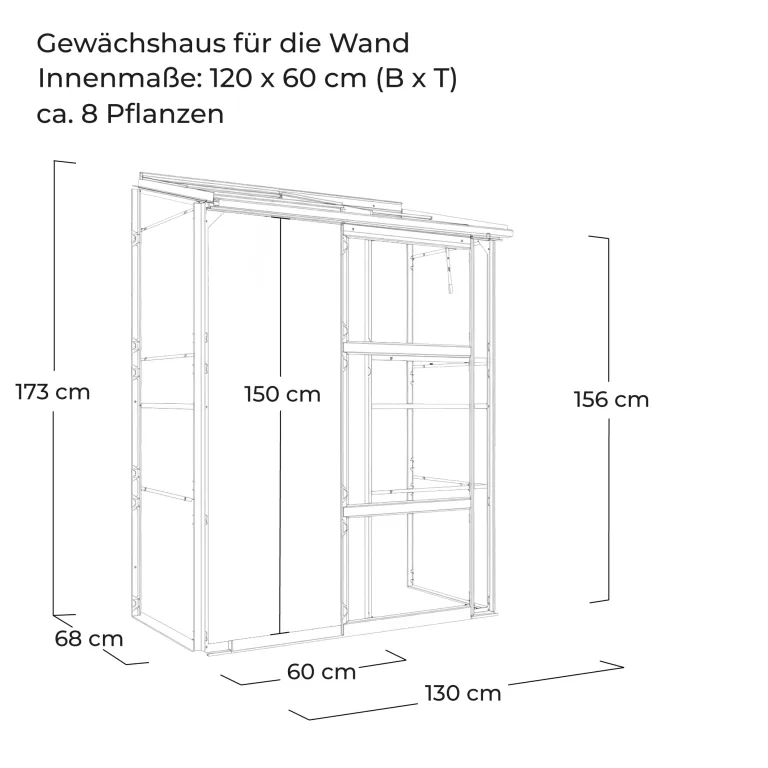 Gewächshaus Glas 0,9 m² Aluminium Rahmen mit Schiebetür | Premium Wand-Gewächshaus schwarz Temperaturkontrolle Aufstellfenster | Tomaten- und Anzuchtgewächshaus 130 x 68 x 173 cm (B x T x H) – Bild 3