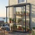 Gewächshaus Glas 0,9 m² Aluminium Rahmen mit Schiebetür | Premium Wand-Gewächshaus schwarz Temperaturkontrolle Aufstellfenster | Tomaten- und Anzuchtgewächshaus 130 x 68 x 173 cm (B x T x H) - Thumbnail 2