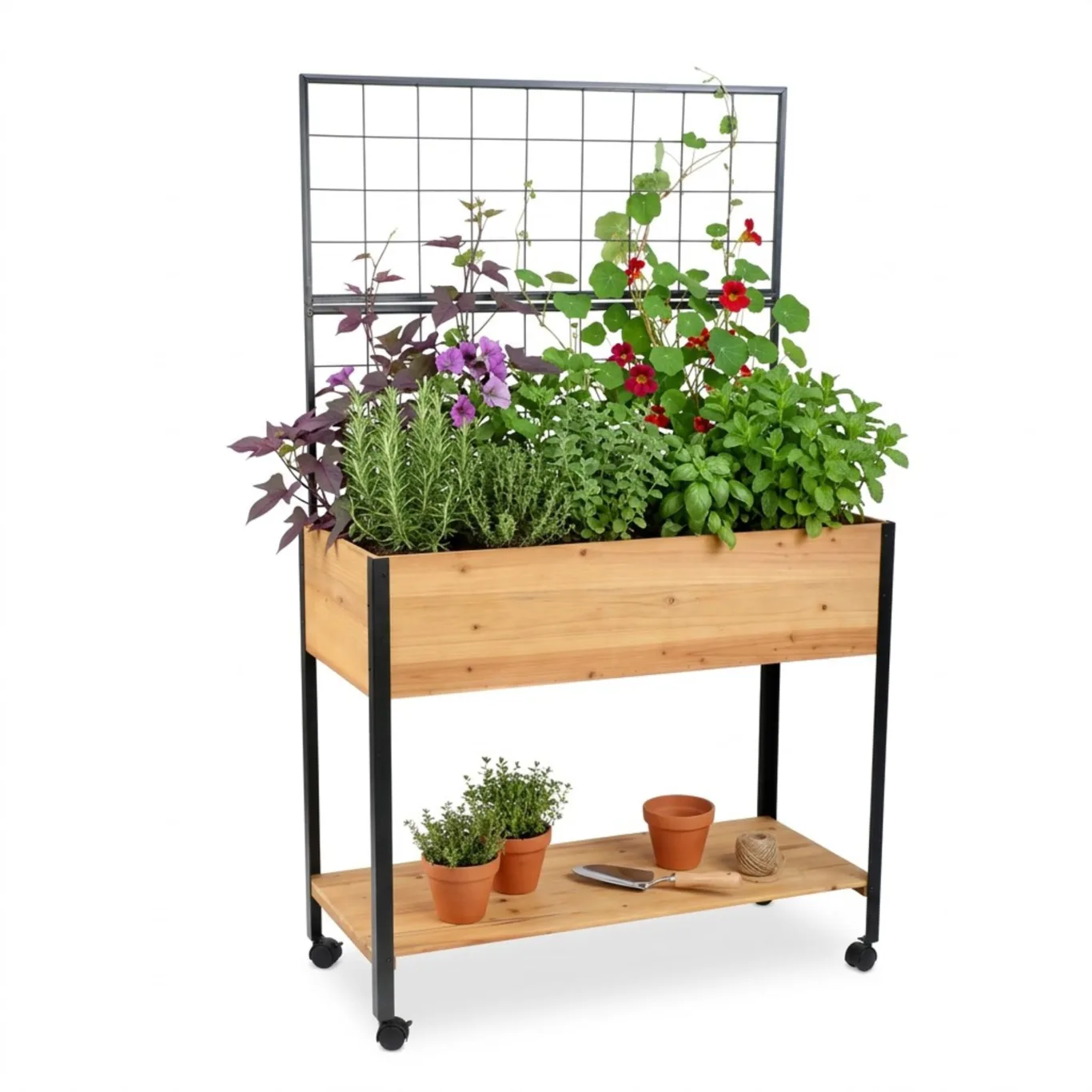 Relaxdays Hochbeet mit Rankgitter, Ablagefach, Rollen, HxBxT 165x102x47,5 cm, Holz, Stahl, Tischbeet, Natur/schwarz - Bild 1