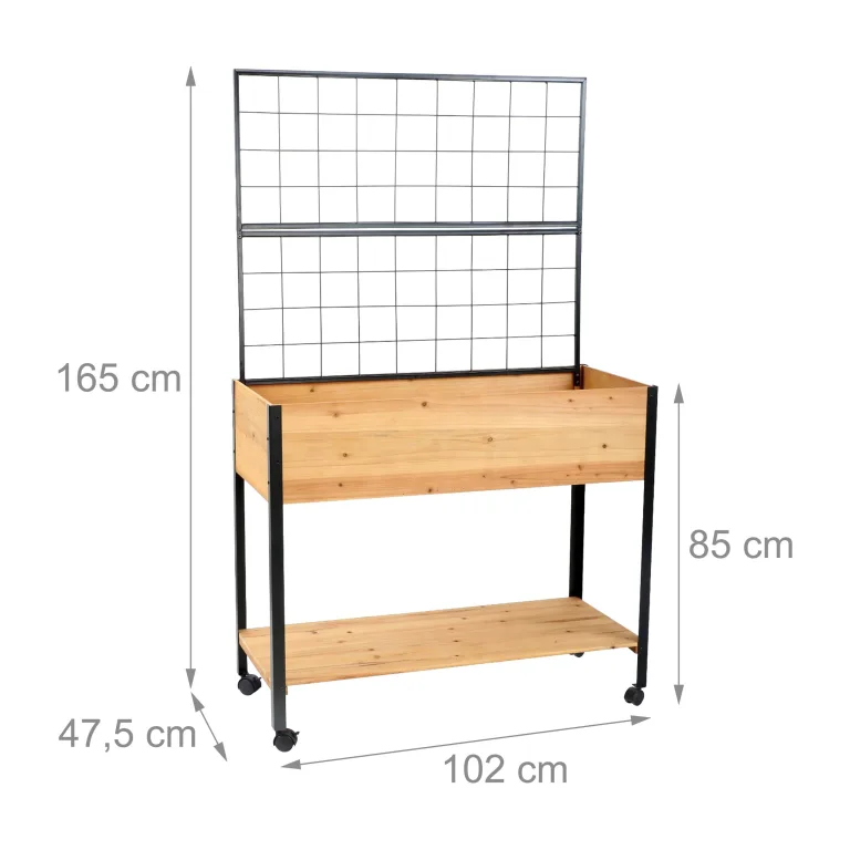 Relaxdays Hochbeet mit Rankgitter, Ablagefach, Rollen, HxBxT 165x102x47,5 cm, Holz, Stahl, Tischbeet, Natur/schwarz – Bild 4
