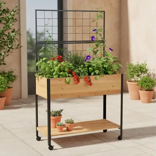Relaxdays Hochbeet mit Rankgitter, Ablagefach, Rollen, HxBxT 165x102x47,5 cm, Holz, Stahl, Tischbeet, Natur/schwarz – Bild 10