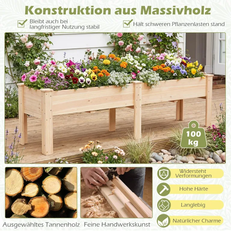 COSTWAY Hochbeet Holz, Pflanzbeet für Kinder, 240 x 43,5 x 51,5 cm, 2 Pflanzbereichen, Blumenkübel mit Ablauflöchern, Kräuterbeet rechteckig, Anzuchtbeet Gartenbeet, Garten Terrasse Balkon, Natur – Bild 3
