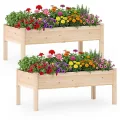 COSTWAY Hochbeet Holz, Pflanzbeet für Kinder, 240 x 43,5 x 51,5 cm, 2 Pflanzbereichen, Blumenkübel mit Ablauflöchern, Kräuterbeet rechteckig, Anzuchtbeet Gartenbeet, Garten Terrasse Balkon, Natur - Thumbnail 10