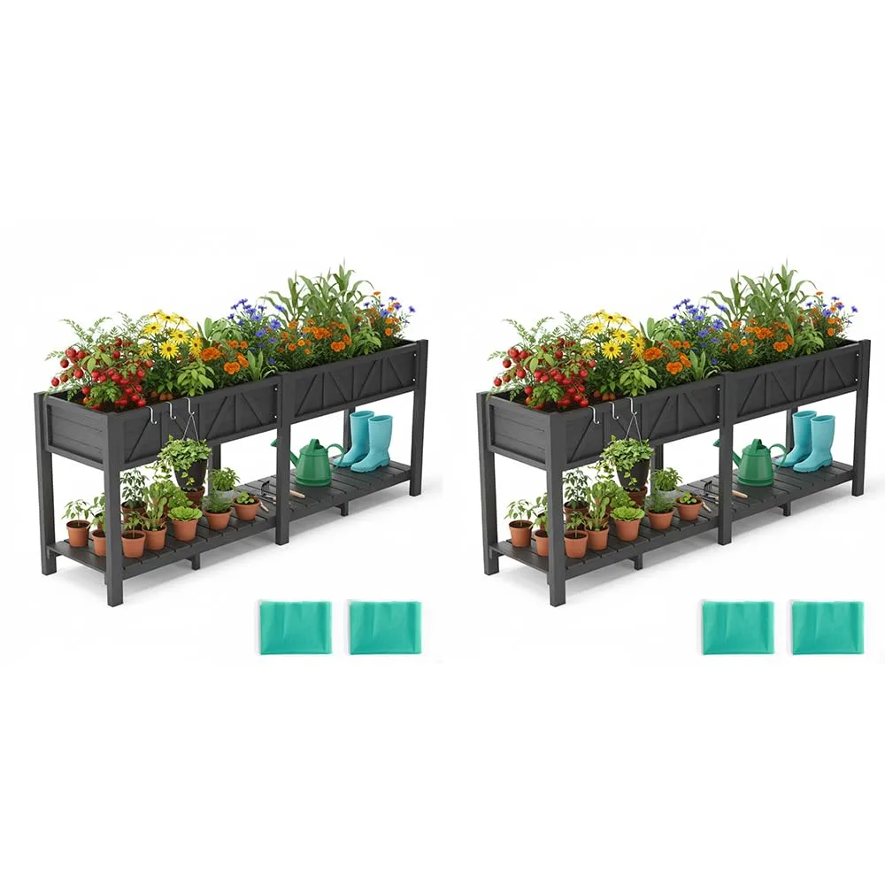 Hochbeet 183x44x73cm, Wetterfestes Pflanzkübel Außen mit Ablagefach, 6 Haken & 2 Vlieseinlagen, Für Gemüse Blumen Kräuter, Garten Balkon Terrasse (2 Stücke Schwarz) - Bild 1