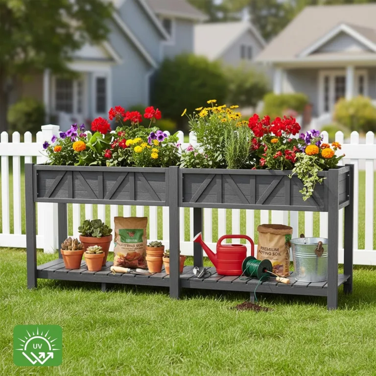 Hochbeet 183x44x73cm, Wetterfestes Pflanzkübel Außen mit Ablagefach, 6 Haken & 2 Vlieseinlagen, Für Gemüse Blumen Kräuter, Garten Balkon Terrasse (2 Stücke Schwarz) – Bild 2