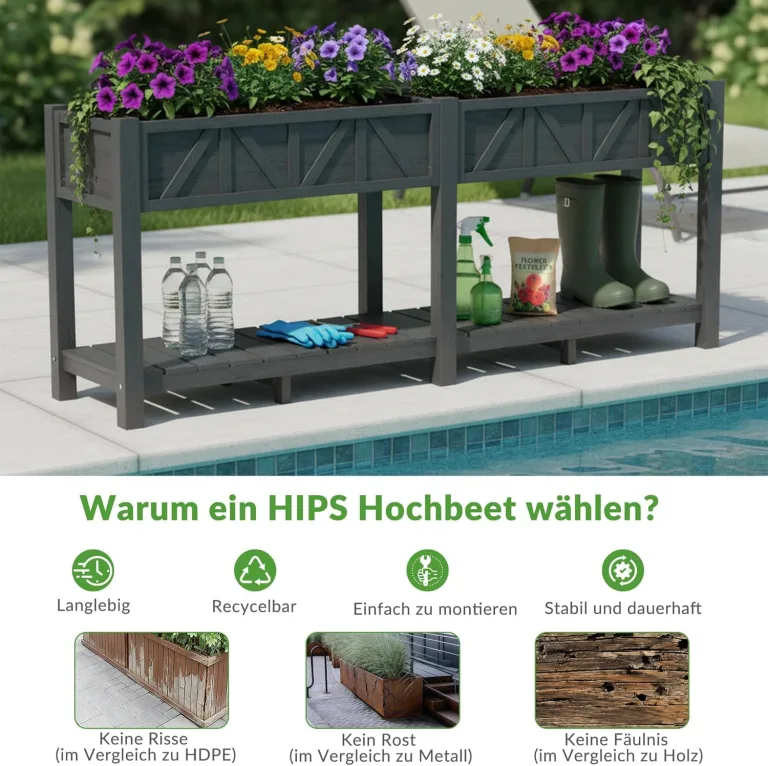 Hochbeet 183x44x73cm, Wetterfestes Pflanzkübel Außen mit Ablagefach, 6 Haken & 2 Vlieseinlagen, Für Gemüse Blumen Kräuter, Garten Balkon Terrasse (2 Stücke Schwarz) – Bild 8