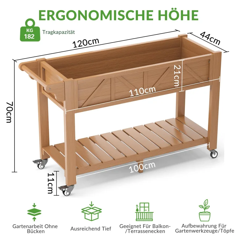 Hochbeet 120x44x70cm, Metall Hochbeet mit Rollen & Griff, 3 Haken & Vlieseinlage, Für Gemüse Blumen Kräuter, Garten Balkon Terrasse (2 Stück Teak Optik) – Bild 2