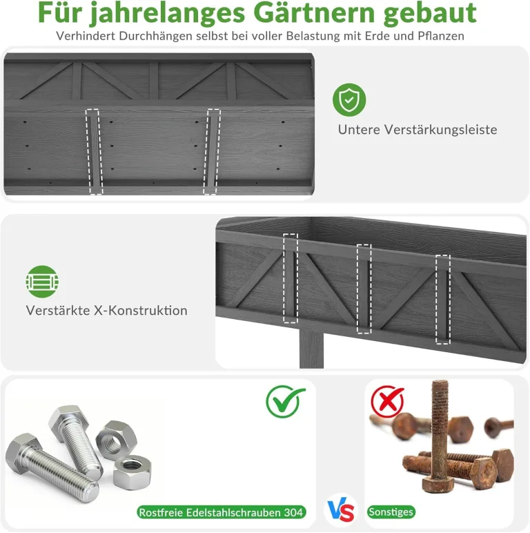 Hochbeet 183x44x73cm, Wetterfestes Pflanzkübel Außen mit Ablagefach, 6 Haken & 2 Vlieseinlagen, Für Gemüse Blumen Kräuter, Garten Balkon Terrasse (2 Stücke Grau) – Bild 4