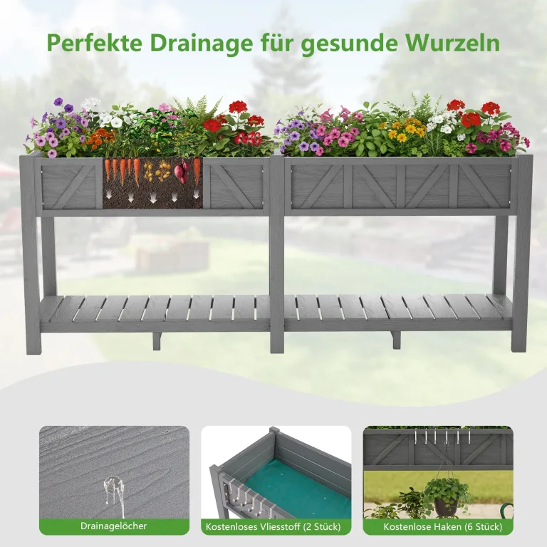 Hochbeet 183x44x73cm, Wetterfestes Pflanzkübel Außen mit Ablagefach, 6 Haken & 2 Vlieseinlagen, Für Gemüse Blumen Kräuter, Garten Balkon Terrasse (2 Stücke Grau) – Bild 5