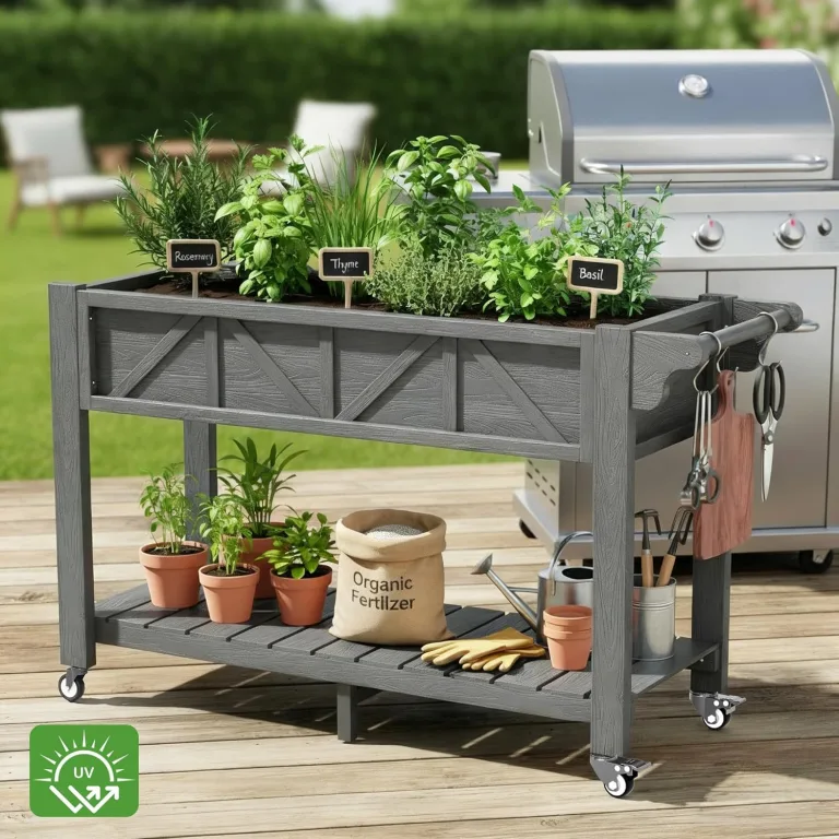 Hochbeet 120x44x70cm, Metall Hochbeet mit Rollen & Griff, 3 Haken & Vlieseinlage, Für Gemüse Blumen Kräuter, Garten Balkon Terrasse (2 Stück Grau) – Bild 2