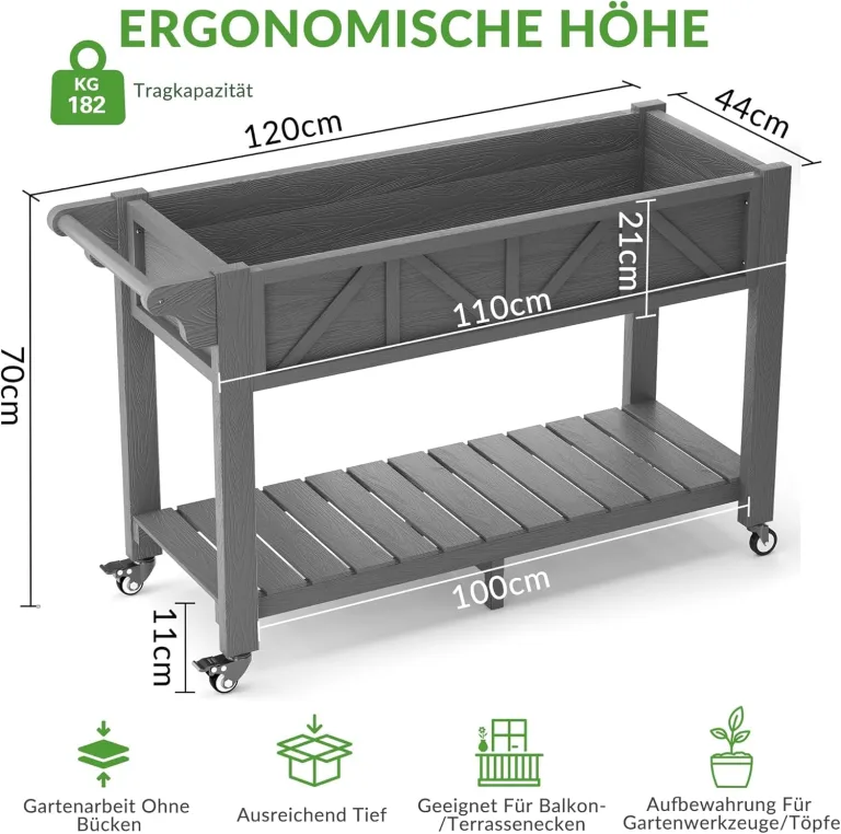 Hochbeet 120x44x70cm, Metall Hochbeet mit Rollen & Griff, 3 Haken & Vlieseinlage, Für Gemüse Blumen Kräuter, Garten Balkon Terrasse (2 Stück Grau) – Bild 3