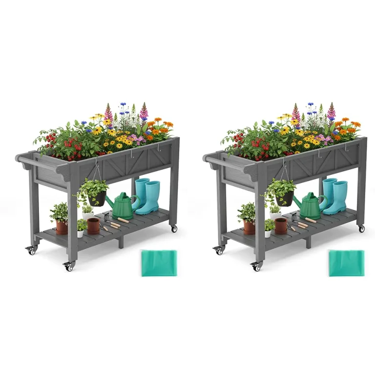 Hochbeet 120x44x70cm, Metall Hochbeet mit Rollen & Griff, 3 Haken & Vlieseinlage, Für Gemüse Blumen Kräuter, Garten Balkon Terrasse (2 Stück Grau) – Bild 1