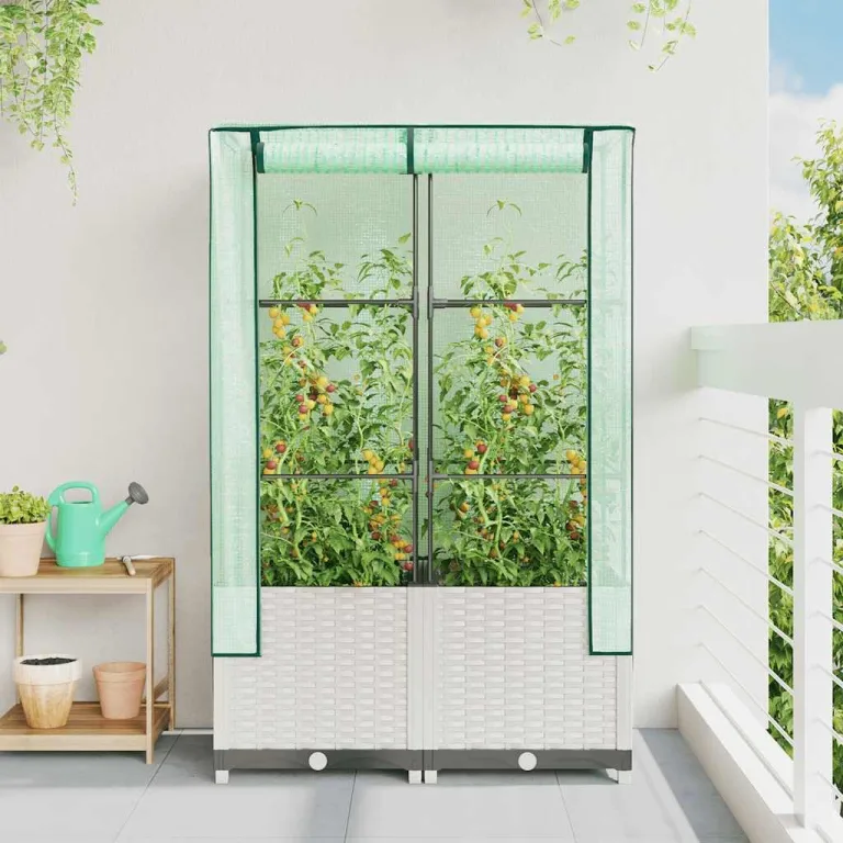 Hochbeet mit Gewächshaus Frühbeet Aufsatz 80x40x138 cm Rattan Optik für Garten Balkon, Stabiles Tomatenhaus mit Belüftung zum Schutz von Gemüse Kräutern Blumen – Bild 3