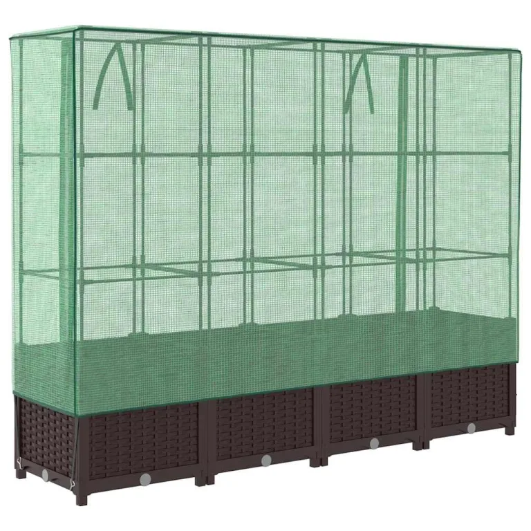 Hochbeet mit Gewächshaus Aufsatz 160x40x138 cm Rattan Optik Frühbeet für Tomaten Gemüse Kräuter, Stabiles PP Beet mit Eisenrahmen & Wasserdichter PE Abdeckung für Garten Balkon Terrasse – Bild 6