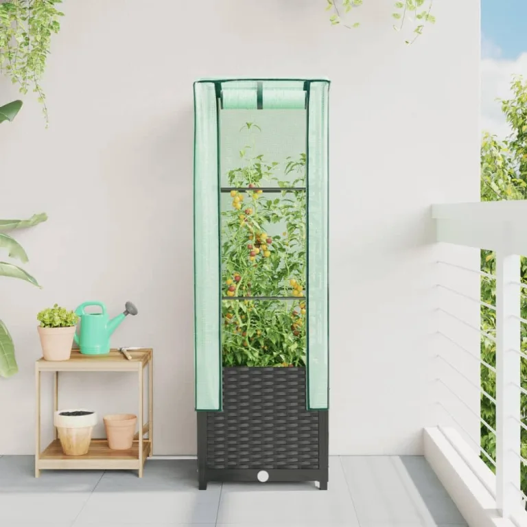 Hochbeet mit Gewächshaus Aufsatz 40x40x139 cm Rattan Optik für Tomaten Gemüse Kräuter, Stabiles PP Beet mit Eisenrahmen & Wasserdichter PE Abdeckung für Garten Balkon Terrasse – Bild 3
