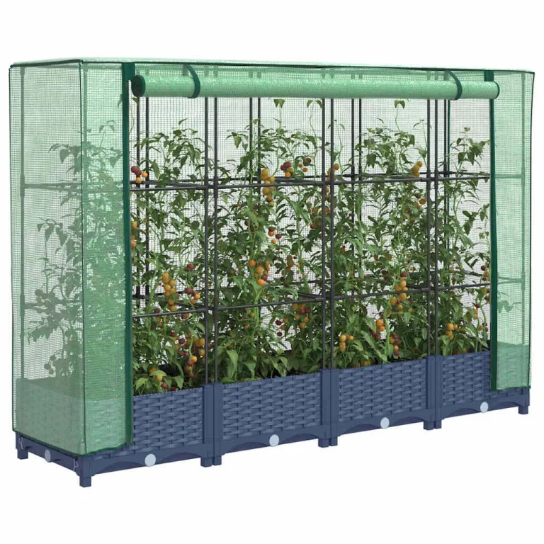 Hochbeet mit Gewächshausabdeckung 160x40x123 cm Rattanoptik für Garten und Balkon, Stabiles PP Beet mit Eisenrahmen wasserdichter PE Abdeckung zum Schutz von Gemüse und Pflanzen – Bild 1