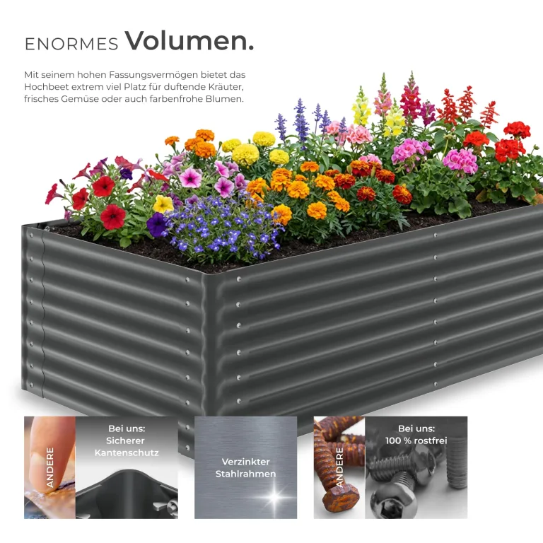tectake® Hochbeet verzinkter Stahl, 200x100x62cm, abgerundete Kanten, 1200 L, mit Handschuhen, Gartenhochbeet, Pflanzbeet, Gemüsebeet, Kräuterbeet, Pflanzkasten, Gartenbeet, Blumenbeet, Metallhochbeet – Bild 3