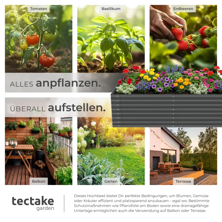 tectake® Hochbeet verzinkter Stahl, 200x100x62cm, abgerundete Kanten, 1200 L, mit Handschuhen, Gartenhochbeet, Pflanzbeet, Gemüsebeet, Kräuterbeet, Pflanzkasten, Gartenbeet, Blumenbeet, Metallhochbeet – Bild 5