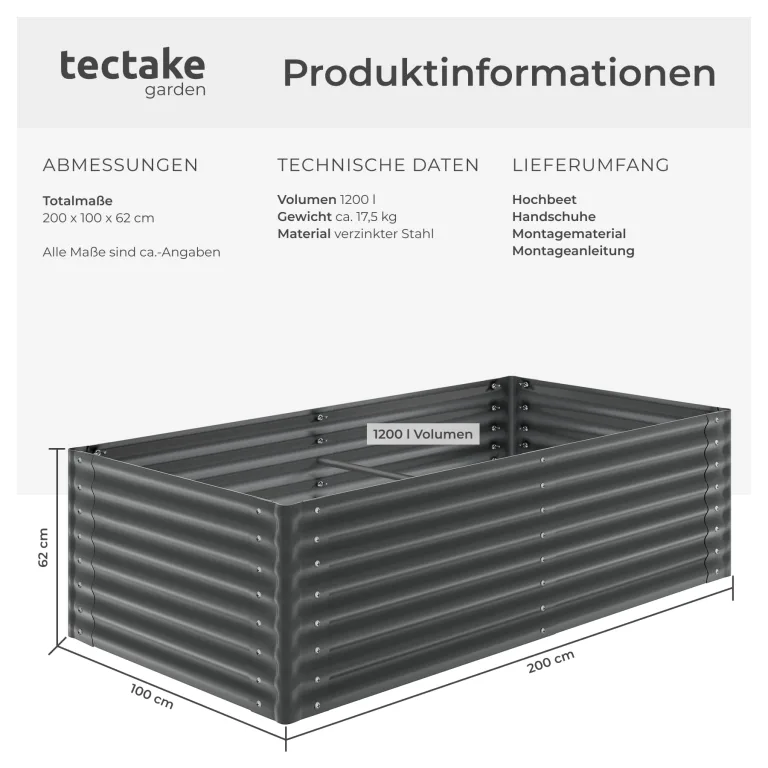 tectake® Hochbeet verzinkter Stahl, 200x100x62cm, abgerundete Kanten, 1200 L, mit Handschuhen, Gartenhochbeet, Pflanzbeet, Gemüsebeet, Kräuterbeet, Pflanzkasten, Gartenbeet, Blumenbeet, Metallhochbeet – Bild 6