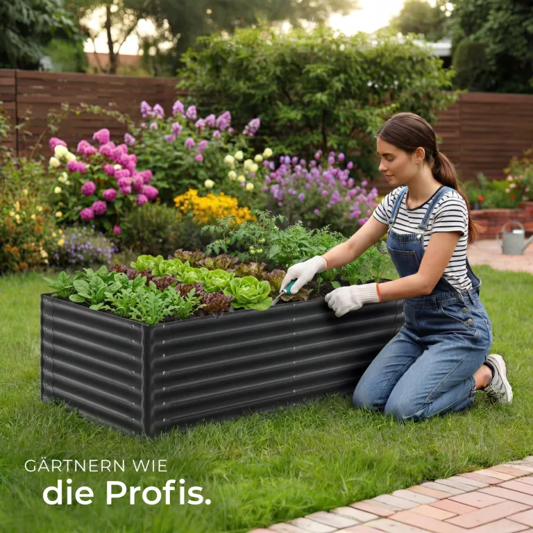 tectake® Hochbeet verzinkter Stahl, 200x100x62cm, abgerundete Kanten, 1200 L, mit Handschuhen, Gartenhochbeet, Pflanzbeet, Gemüsebeet, Kräuterbeet, Pflanzkasten, Gartenbeet, Blumenbeet, Metallhochbeet – Bild 8
