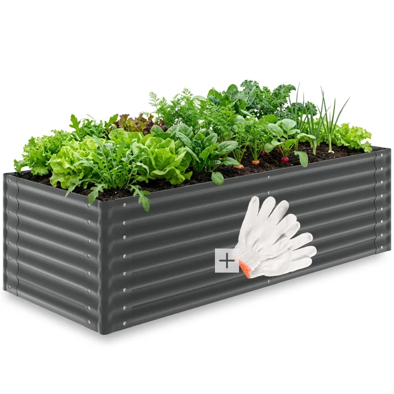tectake® Hochbeet verzinkter Stahl, 200x100x62cm, abgerundete Kanten, 1200 L, mit Handschuhen, Gartenhochbeet, Pflanzbeet, Gemüsebeet, Kräuterbeet, Pflanzkasten, Gartenbeet, Blumenbeet, Metallhochbeet – Bild 9