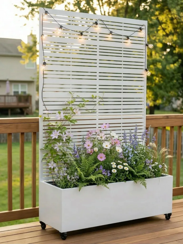 Hochbeet mit Sichtschutz, Metall Pflanzkasten mit Rankgitter und Rollen, freistehender Pflanzkübel 33cm tief, wetterfest für Blumen und Kletterpflanzen - Ideal für Garten, Balkon und Terrasse (Weiß) – Bild 1