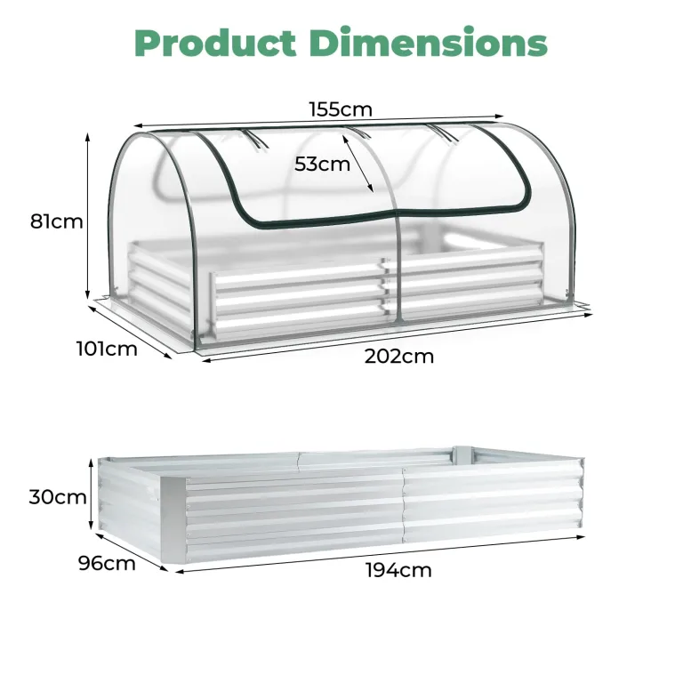 HOMASIS 3 in 1 Gewächshaus mit Hochbeet, Foliengewächshaus mit PVC-Abdeckung, Frühbeet aus Metall, Tomatenhaus Treibhaus mit 2 Fenstern, Blumenkasten für Garten Balkon (Silber, 202 x 101 x 81 cm) – Bild 3