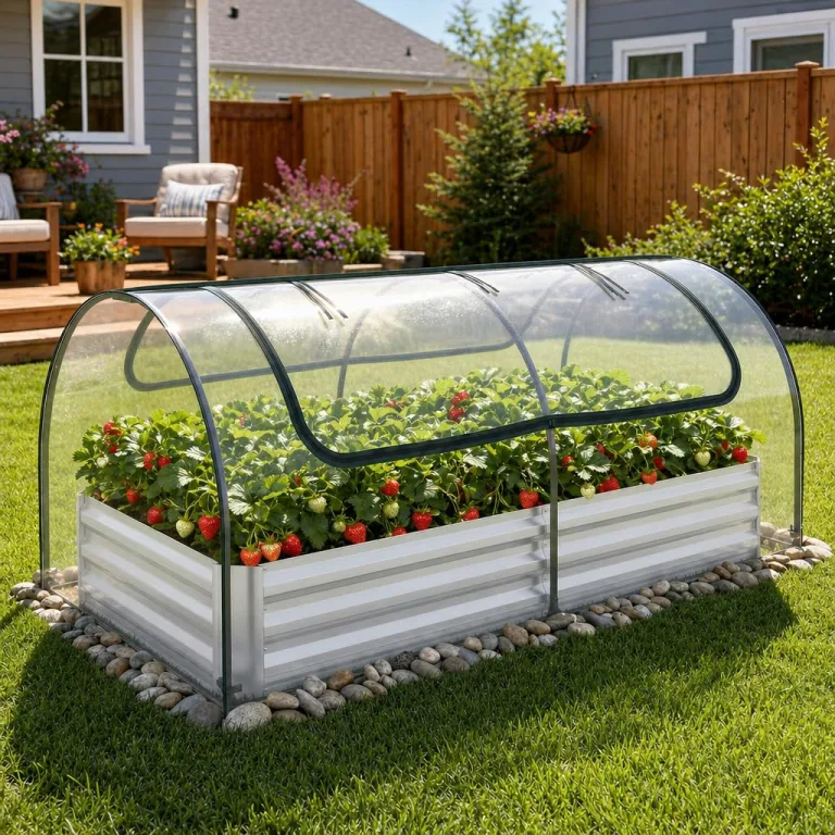 HOMASIS 3 in 1 Gewächshaus mit Hochbeet, Foliengewächshaus mit PVC-Abdeckung, Frühbeet aus Metall, Tomatenhaus Treibhaus mit 2 Fenstern, Blumenkasten für Garten Balkon (Silber, 202 x 101 x 81 cm) – Bild 9