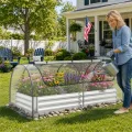 HOMASIS 3 in 1 Gewächshaus mit Hochbeet, Foliengewächshaus mit PVC-Abdeckung, Frühbeet aus Metall, Tomatenhaus Treibhaus mit 2 Fenstern, Blumenkasten für Garten Balkon (Silber, 202 x 101 x 81 cm) - Thumbnail 2