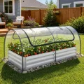 HOMASIS 3 in 1 Gewächshaus mit Hochbeet, Foliengewächshaus mit PVC-Abdeckung, Frühbeet aus Metall, Tomatenhaus Treibhaus mit 2 Fenstern, Blumenkasten für Garten Balkon (Silber, 202 x 101 x 81 cm) - Thumbnail 9