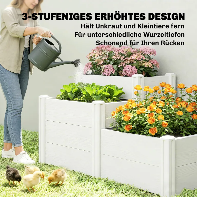 Outsunny Hochbeet 3-stufig Stapelbar Gartenbeet mit Offenem Boden, modulares Kräuterbeet DIY Montage Kunststoff Pflanzkasten Pflanzkübel für Garten Balkon 120 x 80 x 64 cm Weiß – Bild 5