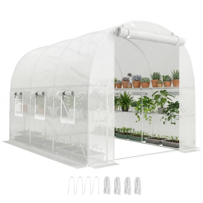 Outsunny Gewächshaus ca. 2,7 x 2 x 2 m Foliengewächshaus mit Regalen Rollbar Reißverschlusstür 6 Netzfenster Stützstangen, UV-beständig Folientunnel, Winterfest Tomatenhaus, Weiß