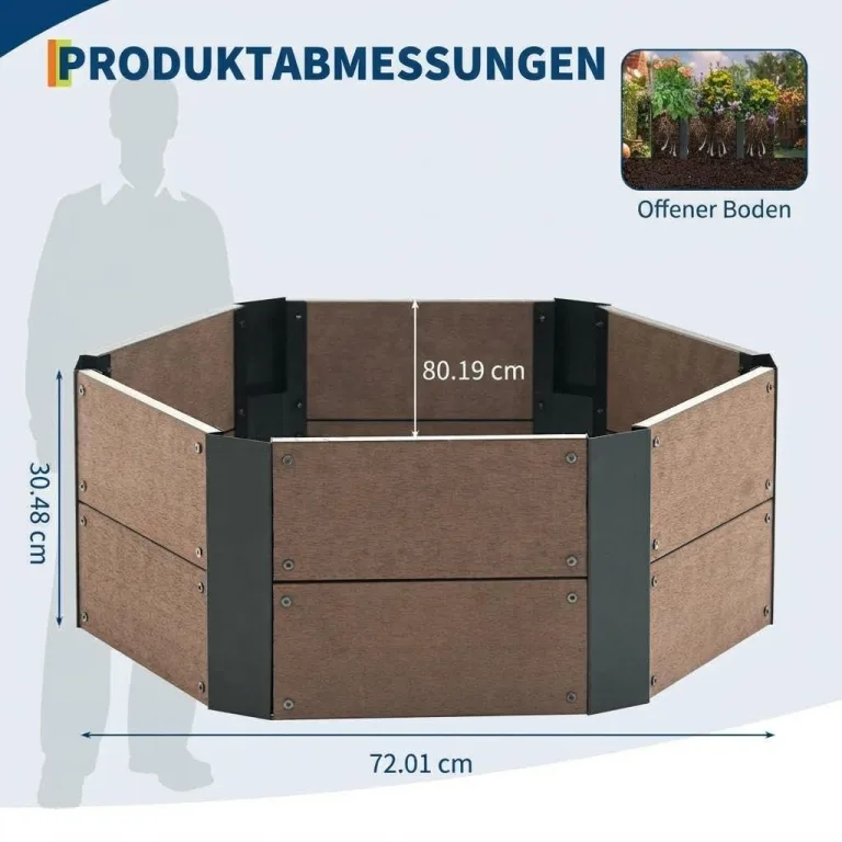 Sechseckiges Hochbeet Holzoptik, Pflanzbeet für Garten Balkon Terrasse, 30 cm Tiefes Hochbeet für Gemüse Kräuter Blumen, Großes Pflanzkasten Outdoor Indoor, Modernes Design, 80x80x30cm – Bild 8