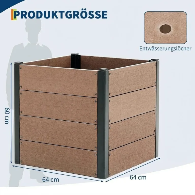 Holz Hochbeet 64x64x60 cm - Rechteckiger Outdoor Pflanzkasten mit Boden, Großes Erhöhtes Gartenbeet für Gemüse, Kräuter und Blumen, Ideal für Terrasse, Garten & Balkon – Bild 8