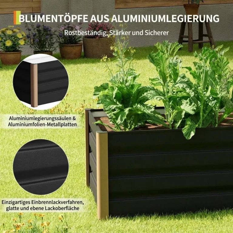 Hochbeet Aluminium mit Offenem Boden, Großer Rostfreier Pflanzkasten mit Abgerundeten Ecken, Tiefes Beet für Gemüse, Blumen und Kräuter, Grau, 120x60x40cm – Bild 3