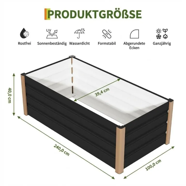 Hochbeet Aluminium mit Offenem Boden, Großer Rostfreier Pflanzkasten mit Abgerundeten Ecken, Tiefes Beet für Gemüse, Blumen und Kräuter, Grau, 240x100x40cm – Bild 2