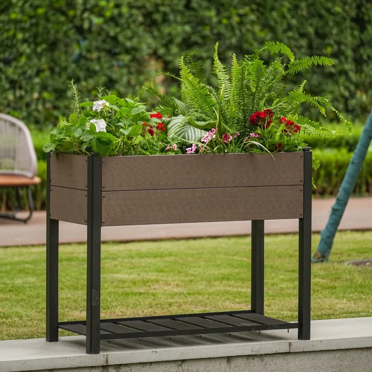 HDPE Hochbeet mit Beinen & Ablage, Holzoptik Pflanzkasten wetterfest, erhöhter Pflanzkübel mit Aluminiumrahmen, für Gemüse, Kräuter & Blumen, Balkon Terrasse Garten, 109x49x85cm – Bild 2