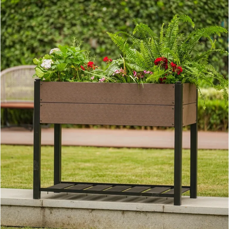 HDPE Hochbeet mit Beinen & Ablage, Holzoptik Pflanzkasten wetterfest, erhöhter Pflanzkübel mit Aluminiumrahmen, für Gemüse, Kräuter & Blumen, Balkon Terrasse Garten, 109x49x85cm – Bild 4