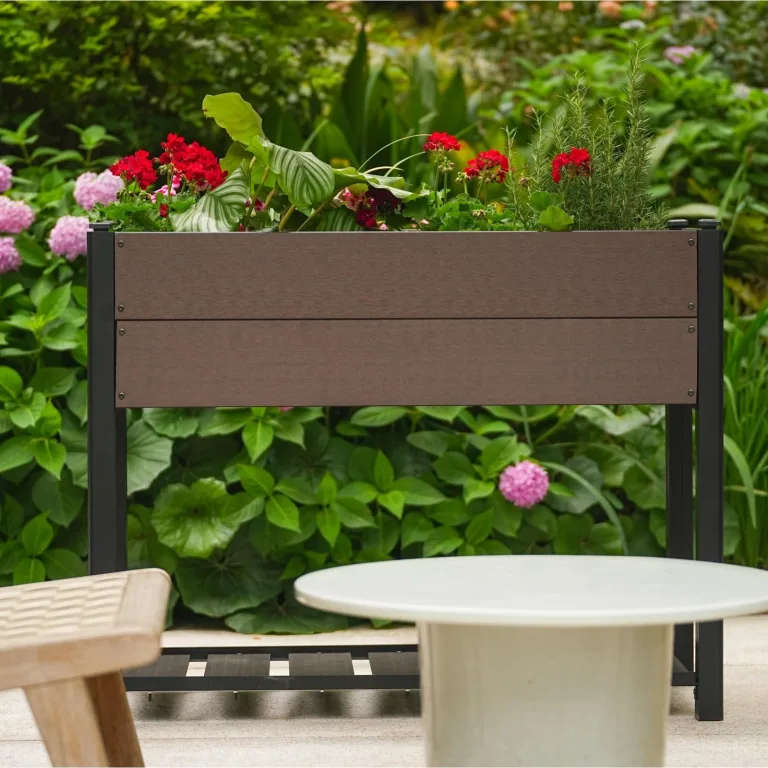 HDPE Hochbeet mit Beinen & Ablage, Holzoptik Pflanzkasten wetterfest, erhöhter Pflanzkübel mit Aluminiumrahmen, für Gemüse, Kräuter & Blumen, Balkon Terrasse Garten, 109x49x85cm – Bild 5