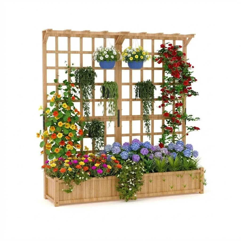 2-stufiges Holz Hochbeet mit Rankgitter & Dach, 124 x 41 x 160 cm Pflanzkasten mit Kletterhilfe & Drainagelöchern, Erhöhtes Gartenbeet für Gemüse, Blumen, Balkon & Terrasse - Bild 1
