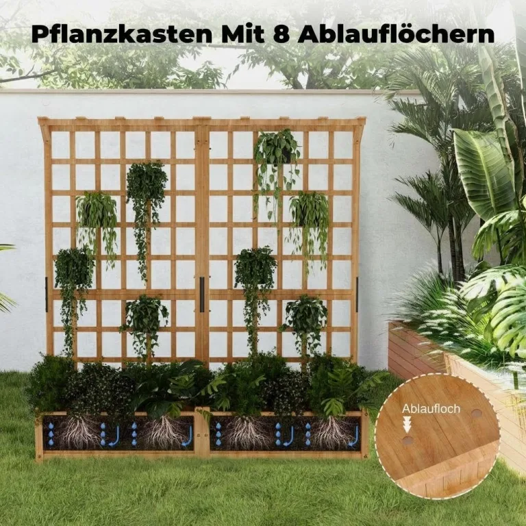 2-stufiges Holz Hochbeet mit Rankgitter & Dach, 124 x 41 x 160 cm Pflanzkasten mit Kletterhilfe & Drainagelöchern, Erhöhtes Gartenbeet für Gemüse, Blumen, Balkon & Terrasse – Bild 3