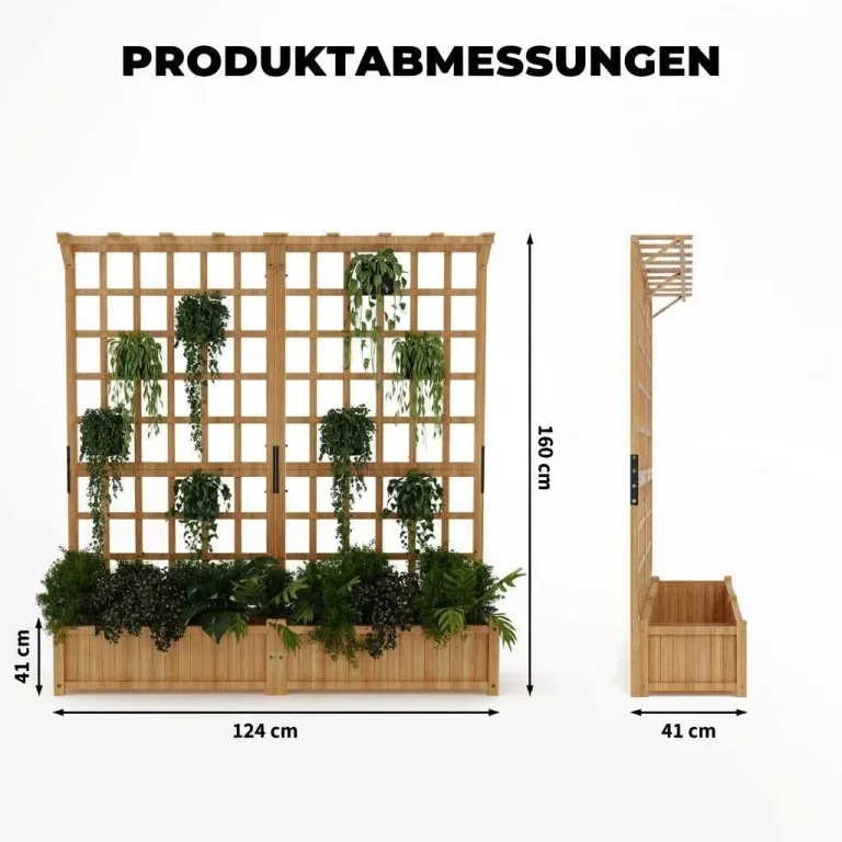 2-stufiges Holz Hochbeet mit Rankgitter & Dach, 124 x 41 x 160 cm Pflanzkasten mit Kletterhilfe & Drainagelöchern, Erhöhtes Gartenbeet für Gemüse, Blumen, Balkon & Terrasse – Bild 7