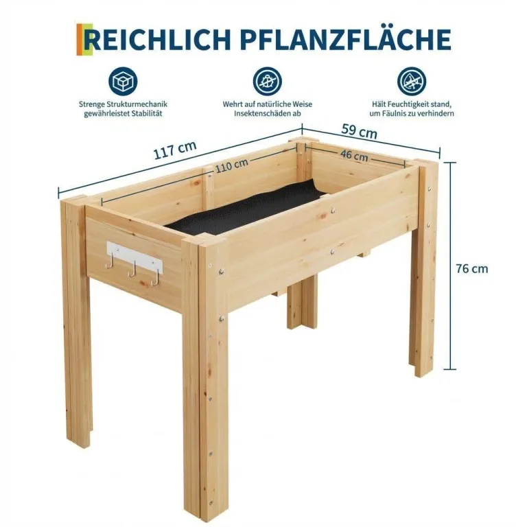 Hochbeet mit Beinen und Haken 116x76x57 cm – Erhöhtes Pflanzbeet aus Holz mit Vlies-Einsatz – Blumenkasten für Gemüse, Kräuter & Blumen – Garten, Terrasse & Balkon, Holzfarben – Bild 2