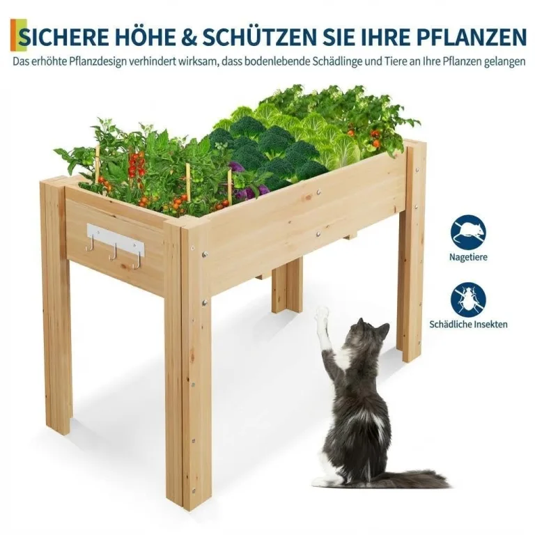 Hochbeet mit Beinen und Haken 116x76x57 cm – Erhöhtes Pflanzbeet aus Holz mit Vlies-Einsatz – Blumenkasten für Gemüse, Kräuter & Blumen – Garten, Terrasse & Balkon, Holzfarben – Bild 4