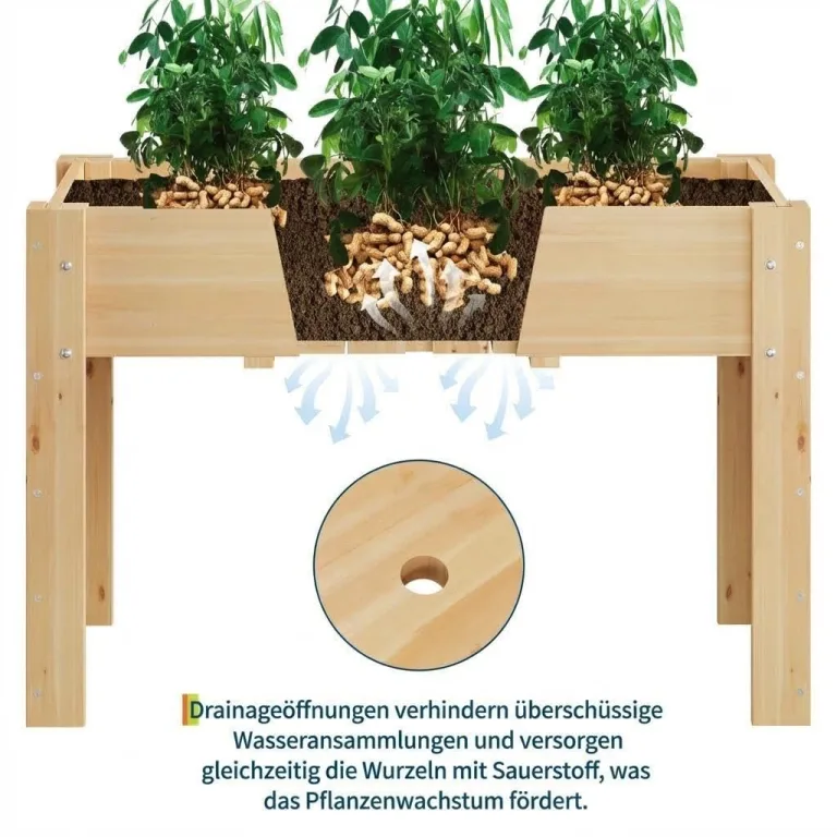 Hochbeet mit Beinen und Haken 116x76x57 cm – Erhöhtes Pflanzbeet aus Holz mit Vlies-Einsatz – Blumenkasten für Gemüse, Kräuter & Blumen – Garten, Terrasse & Balkon, Holzfarben – Bild 6
