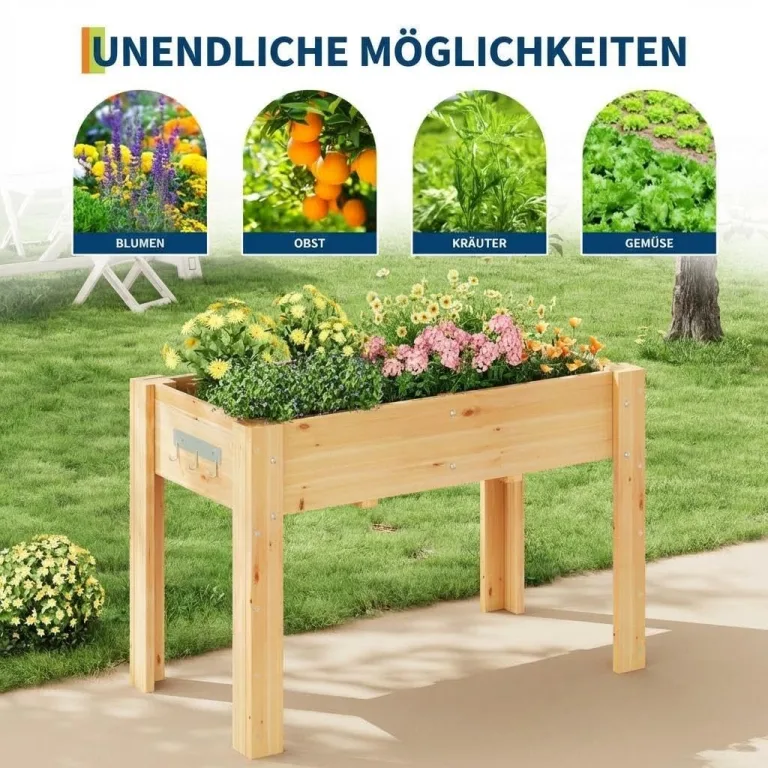 Hochbeet mit Beinen und Haken 116x76x57 cm – Erhöhtes Pflanzbeet aus Holz mit Vlies-Einsatz – Blumenkasten für Gemüse, Kräuter & Blumen – Garten, Terrasse & Balkon, Holzfarben – Bild 7