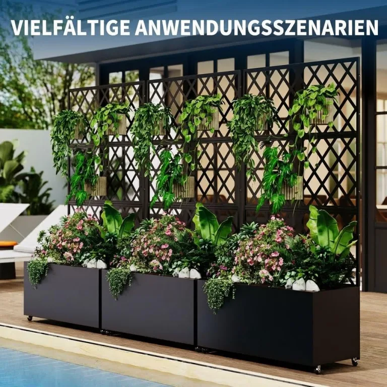 Verzinktes Stahl Hochbeet mit Rankgitter, Pflanzkasten mit Feststellbaren Rollen, Drainagelöchern & Sichtschutz – Garten Hochbeet für Gemüse, Kletterpflanzen, Terrasse, Balkon, 89x180cm, Schwarz – Bild 7