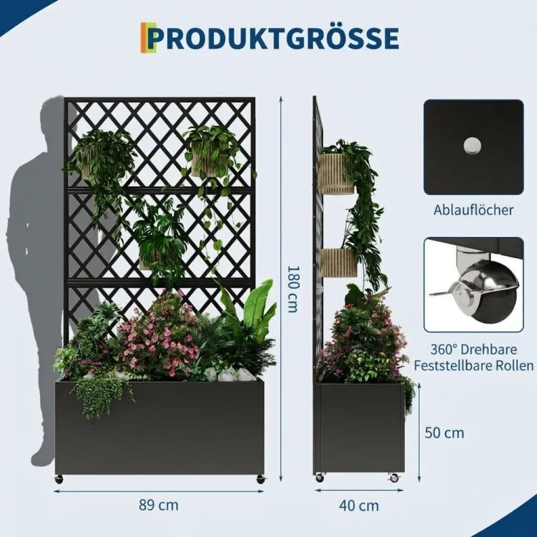 Verzinktes Stahl Hochbeet mit Rankgitter, Pflanzkasten mit Feststellbaren Rollen, Drainagelöchern & Sichtschutz – Garten Hochbeet für Gemüse, Kletterpflanzen, Terrasse, Balkon, 89x180cm, Schwarz – Bild 8